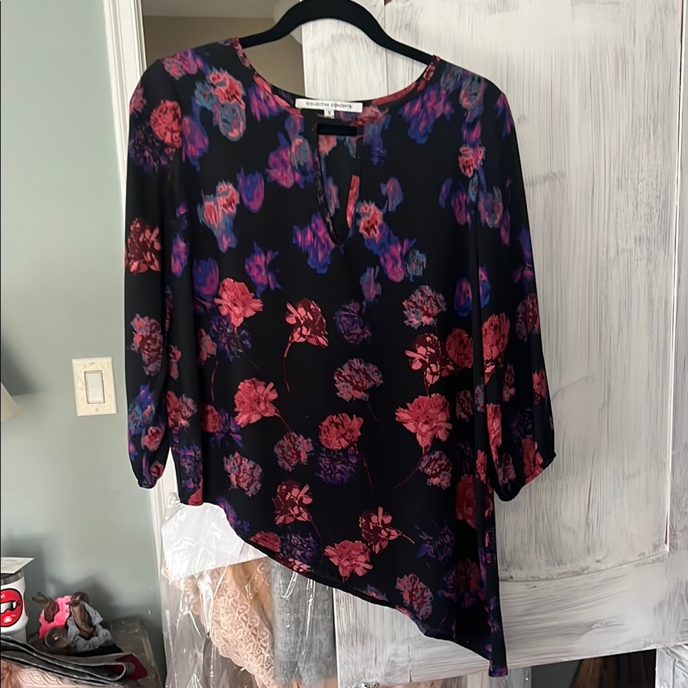 Floral Black and Pink asymmetric Women's blouse